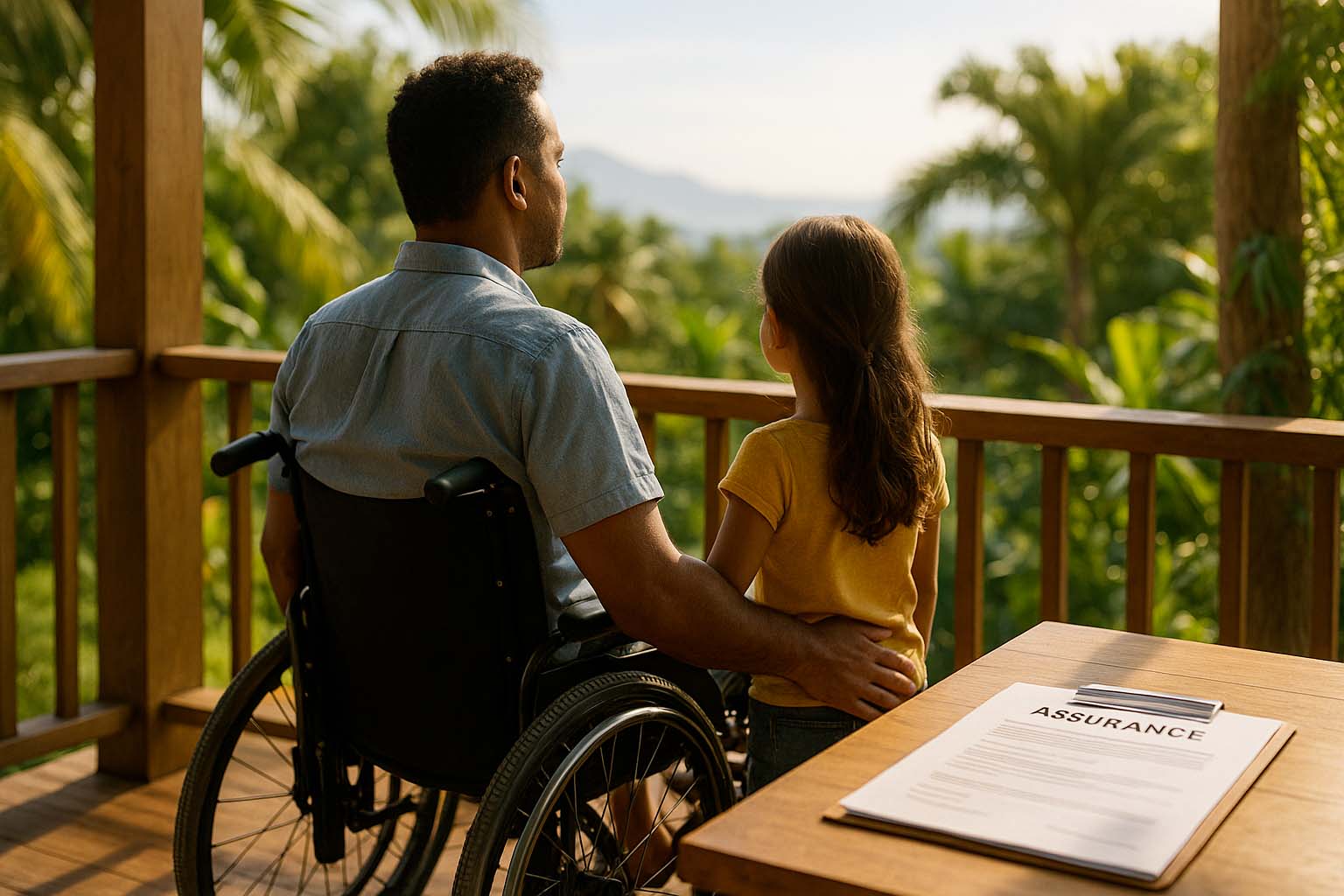 Homme réunionnais en fauteuil roulant profitant de la vie avec sa famille sur une varangue tropicale