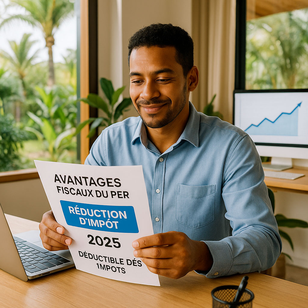 Homme créole consultant un document sur les avantages fiscaux du PER 2025 dans un bureau lumineux à La Réunion