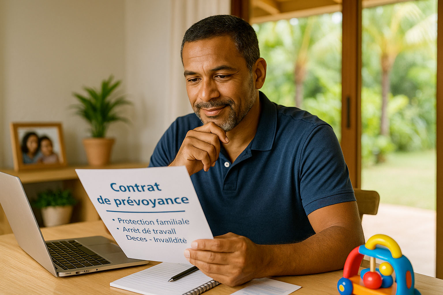 Chef d’entreprise réunionnais consultant un contrat de prévoyance pour protéger sa famille, dans un bureau ouvert sur un jardin tropical