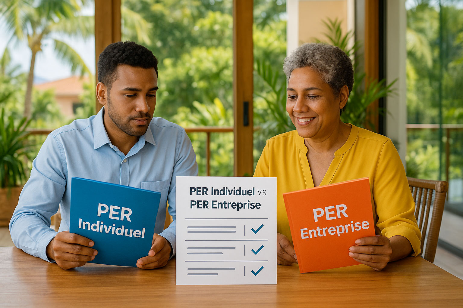 Deux personnes créoles comparent un PER individuel et un PER entreprise sur une table en bois dans un cadre tropical à La Réunion