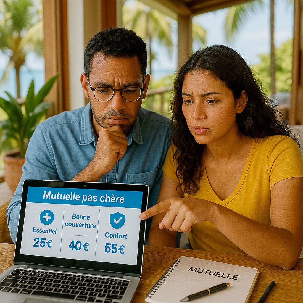 Couple créole consultant des offres de mutuelle pas chère sur un ordinateur portable dans un cadre tropical à La Réunion