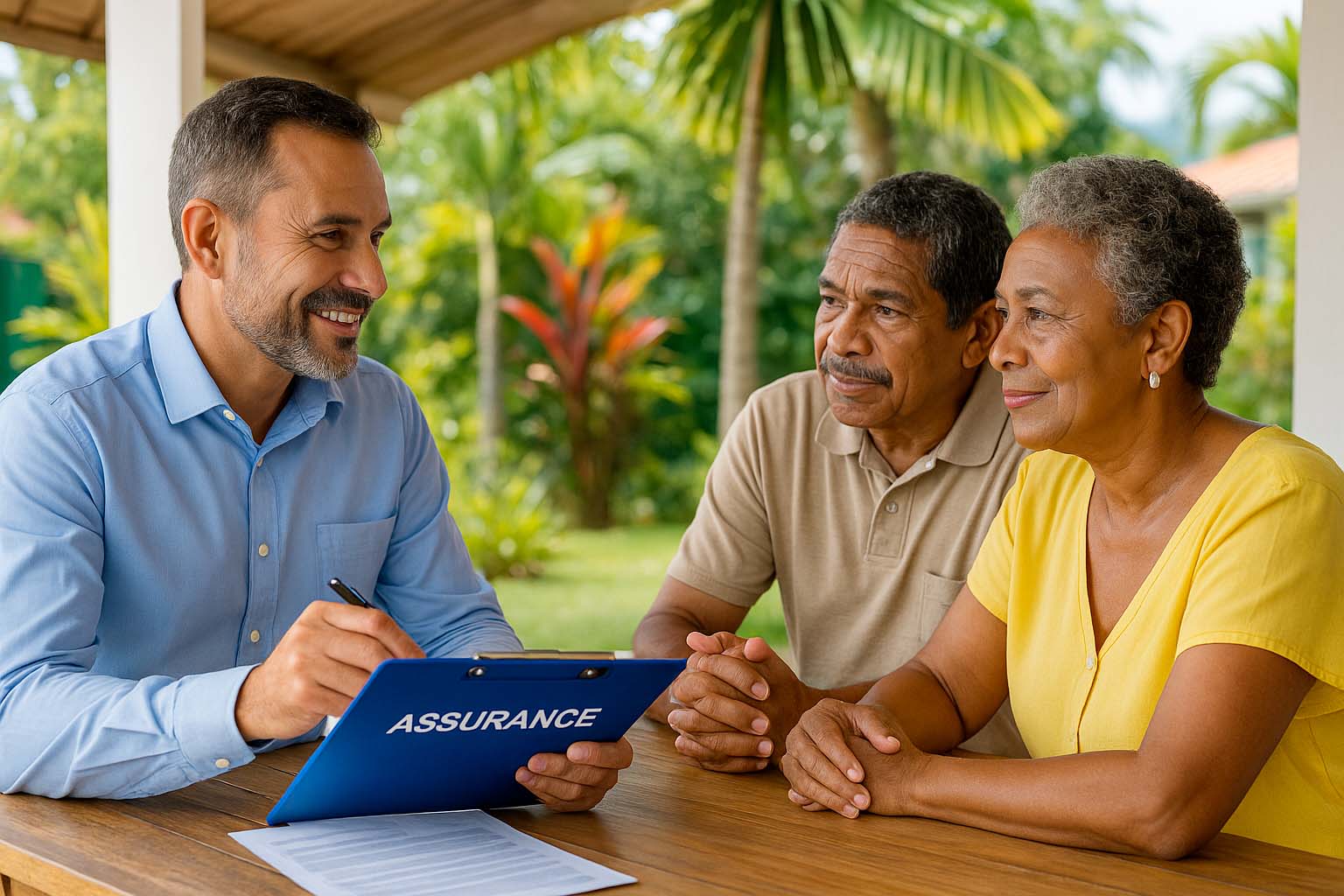 Un courtier en assurance échange avec un couple senior à La Réunion dans un cadre tropical