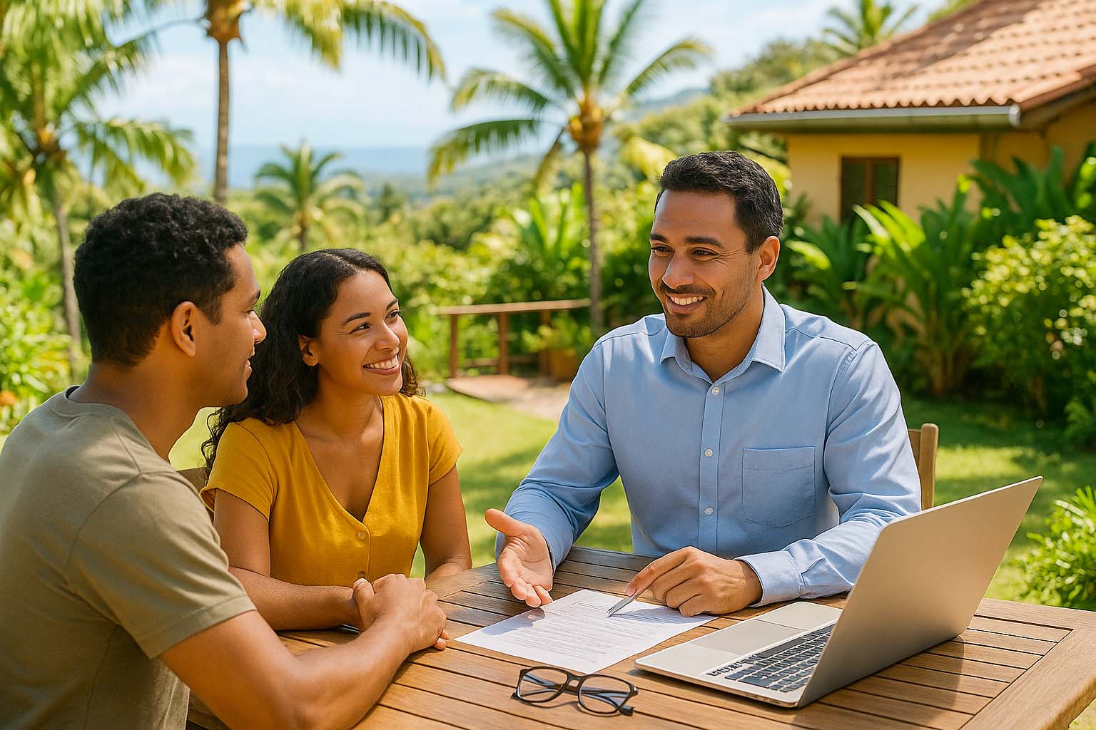 Rendez-vous entre un courtier en prévoyance et un couple réunionnais dans un cadre tropical