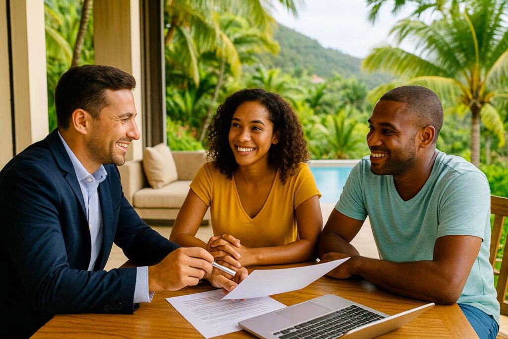 Couple en consultation avec un courtier financier dans un cadre tropical à La Réunion