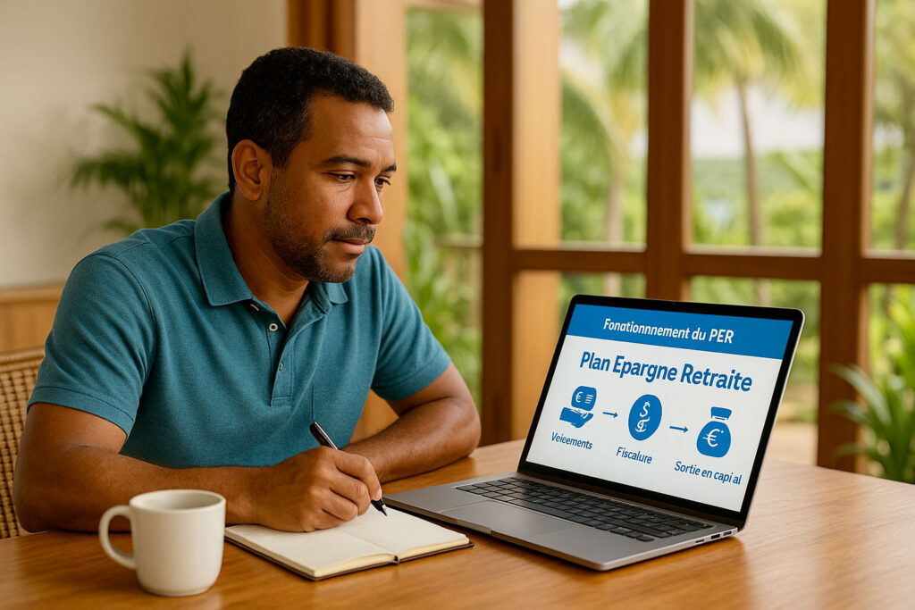 Homme réunionnais consultant une infographie sur le fonctionnement du Plan Épargne Retraite sur un ordinateur portable dans un cadre tropical
