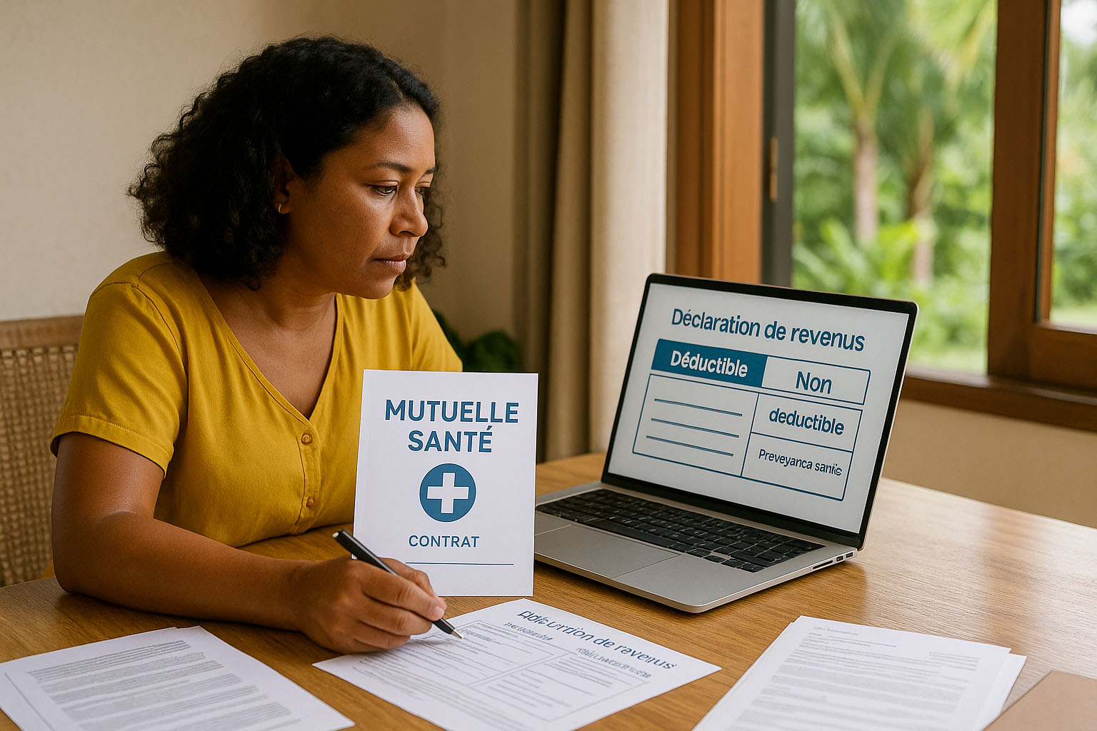 Femme créole consultant un contrat de mutuelle santé et une déclaration d’impôt à La Réunion, dans un cadre tropical