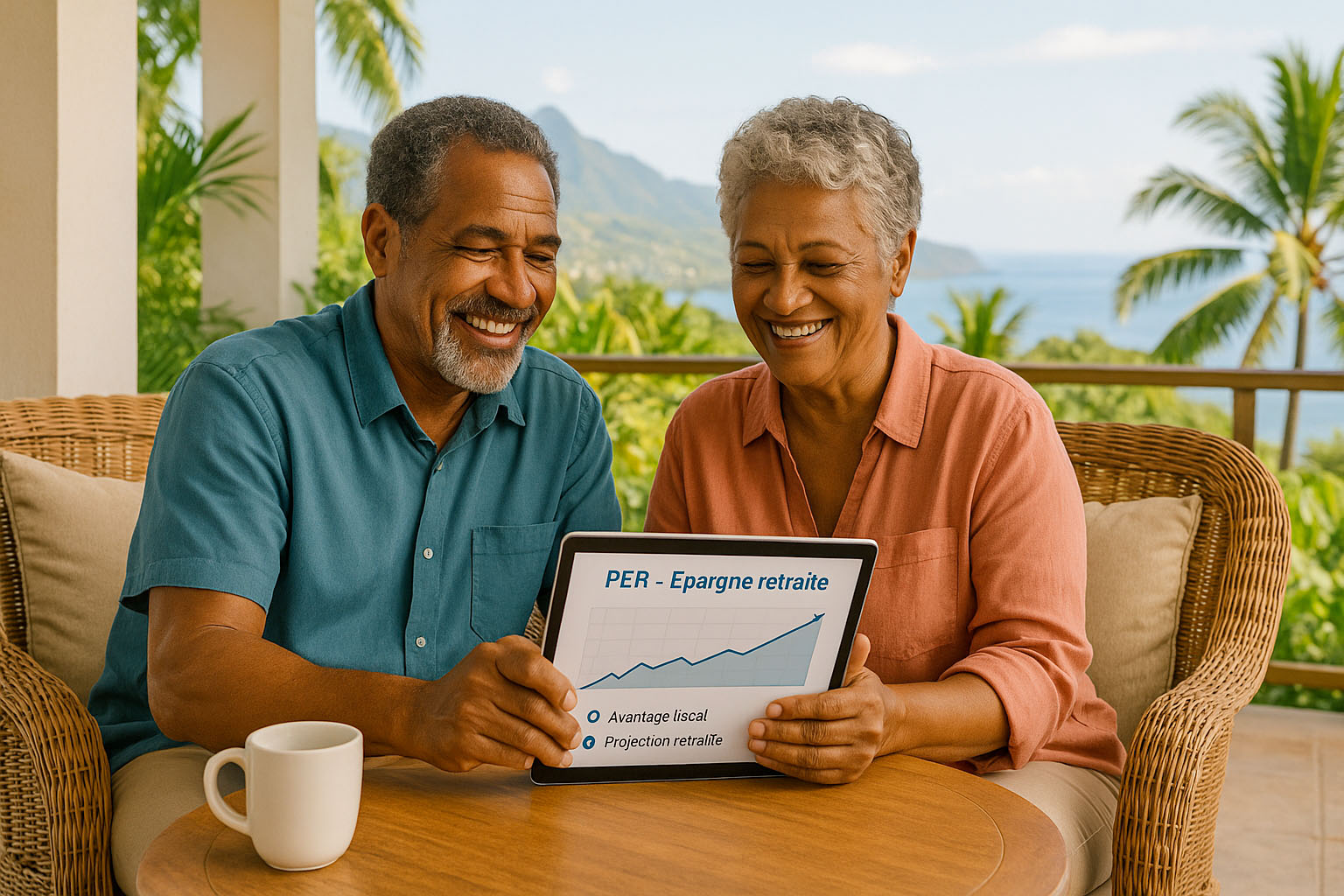 Couple réunionnais souriant consultant une tablette affichant un graphique de PER sur une terrasse avec vue tropicale