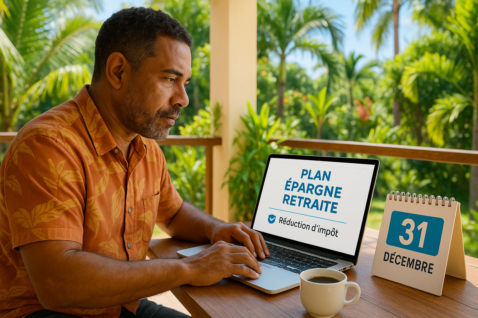 Homme créole consultant un Plan Épargne Retraite sur son ordinateur avec un calendrier affichant le 31 décembre, dans un cadre tropical à La Réunion