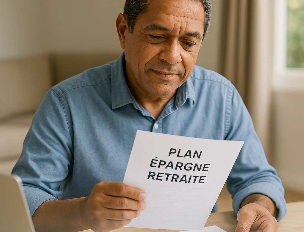 Homme réunionnais consultant un document Plan Épargne Retraite avec un conseiller