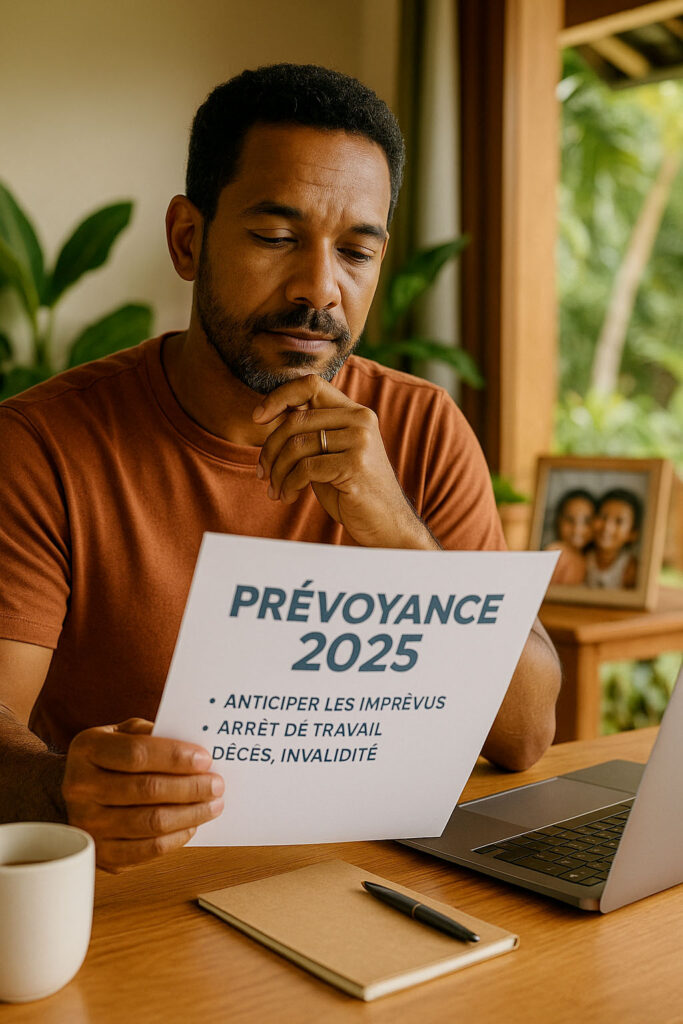 Homme créole consultant un document “Prévoyance 2025” dans un bureau lumineux à La Réunion, avec une photo de famille en arrière-plan