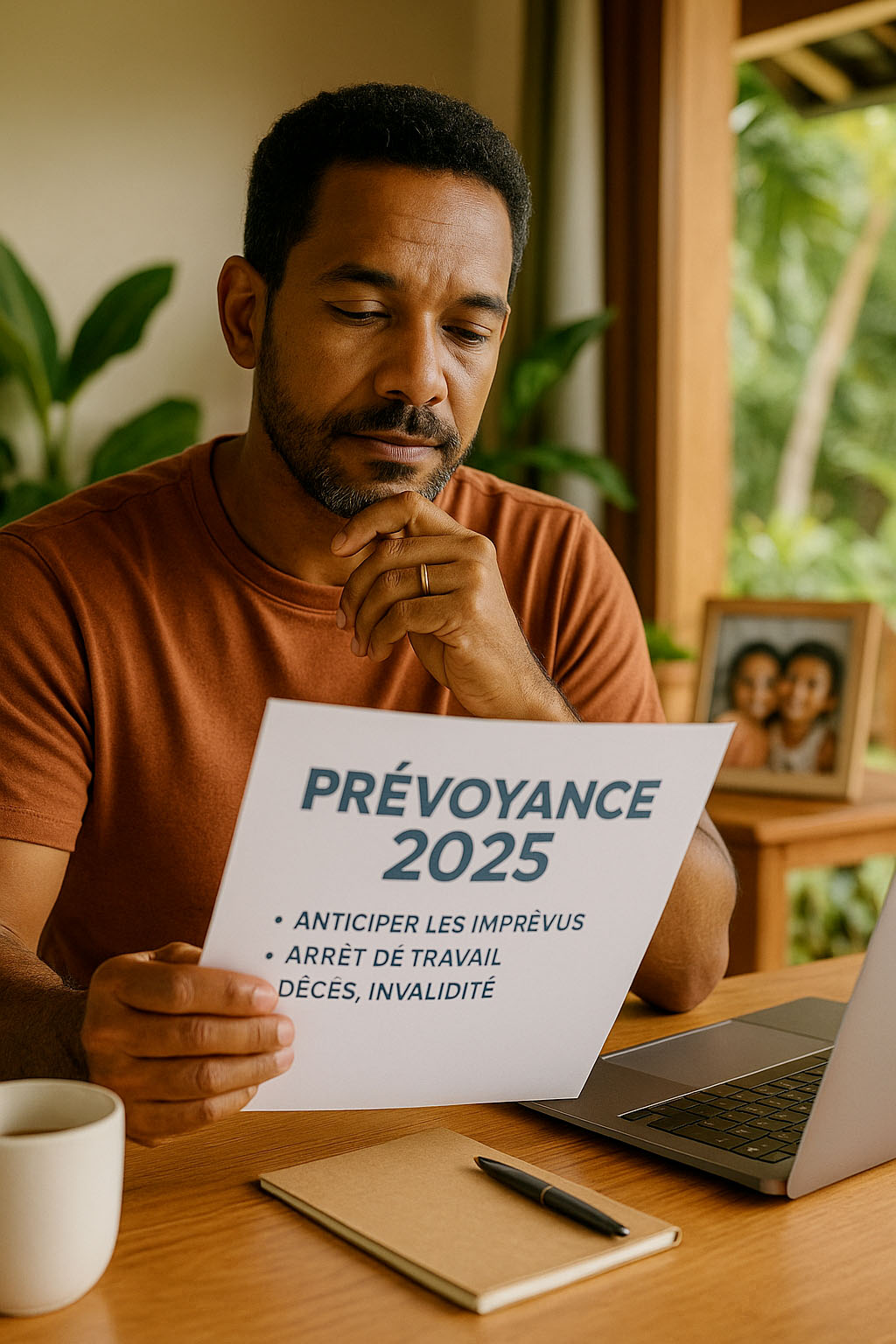 Homme créole consultant un document “Prévoyance 2025” dans un bureau lumineux à La Réunion, avec une photo de famille en arrière-plan
