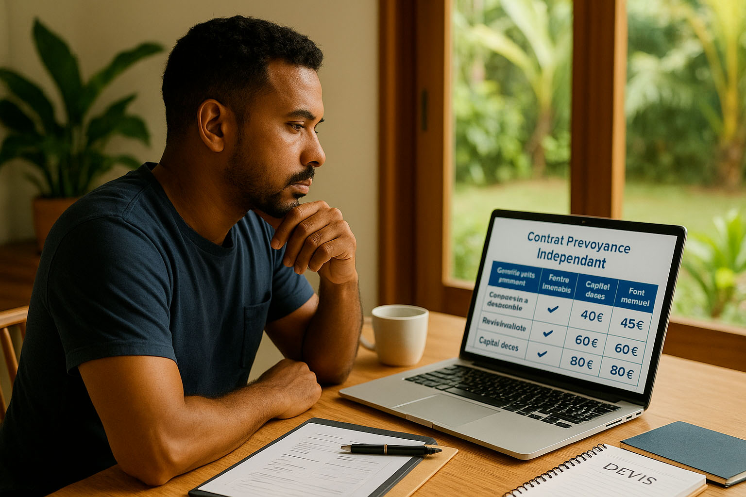 Travailleur indépendant réunionnais consultant un tableau comparatif de contrats de prévoyance individuelle sur un ordinateur portable