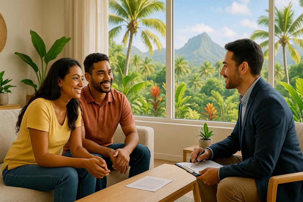 Couple réunionnais en entretien avec un conseiller dans un cadre tropical, illustration de la prévoyance à La Réunion