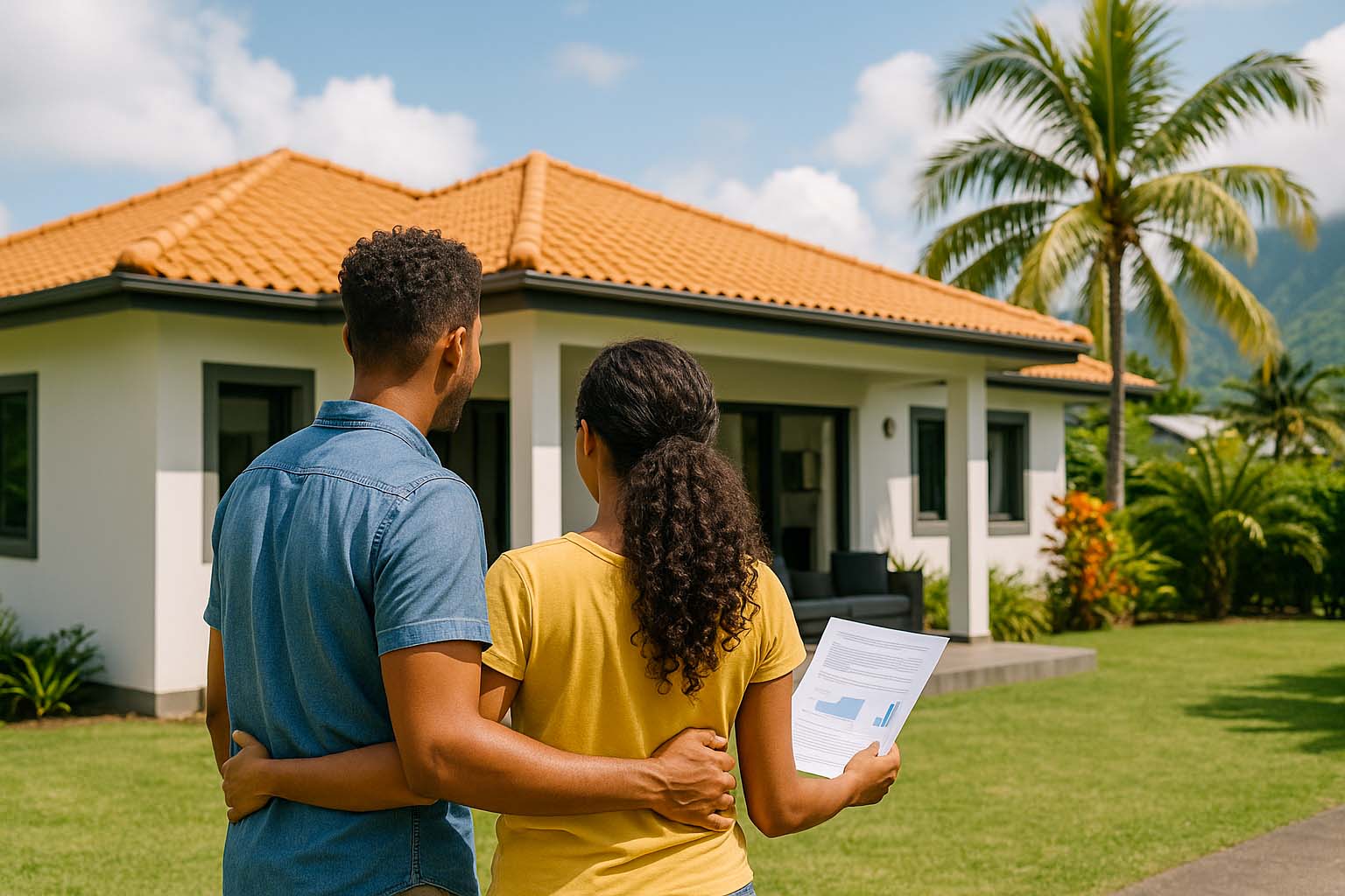 Un couple réunionnais discute assurance habitation avec un courtier dans un bureau ouvert sur un jardin tropical