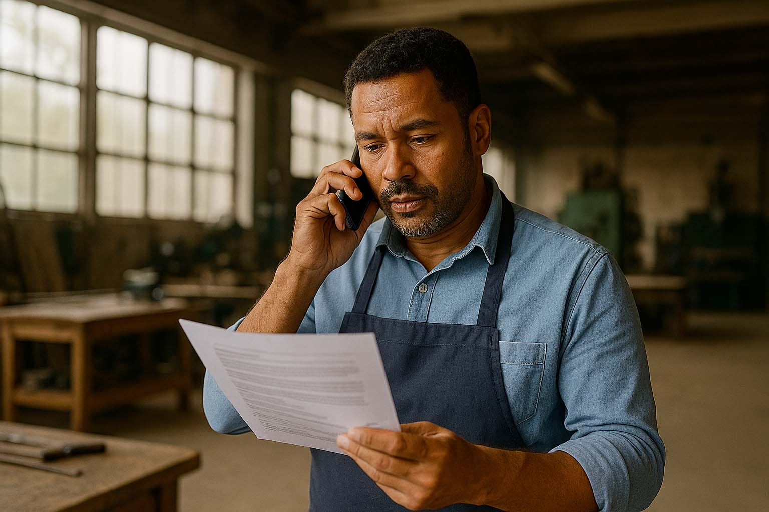 Entrepreneur réunionnais analysant un contrat d’assurance dans son atelier