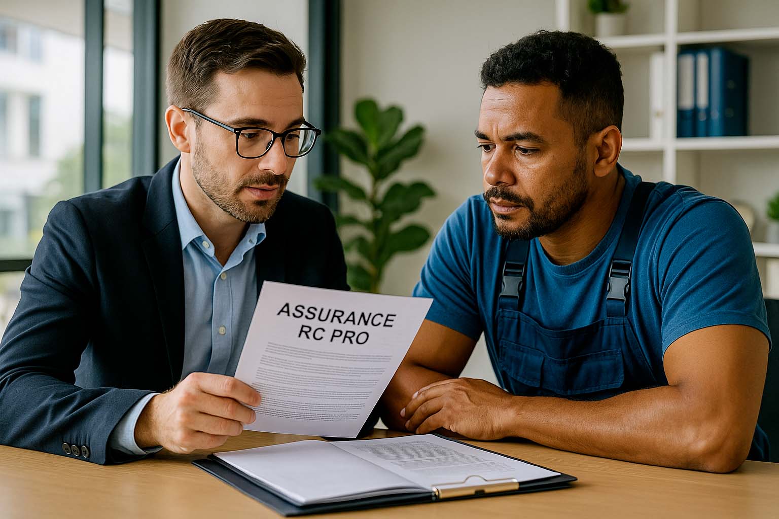 Courtier réunionnais en assurance RC Pro conseillant un artisan dans un bureau lumineux