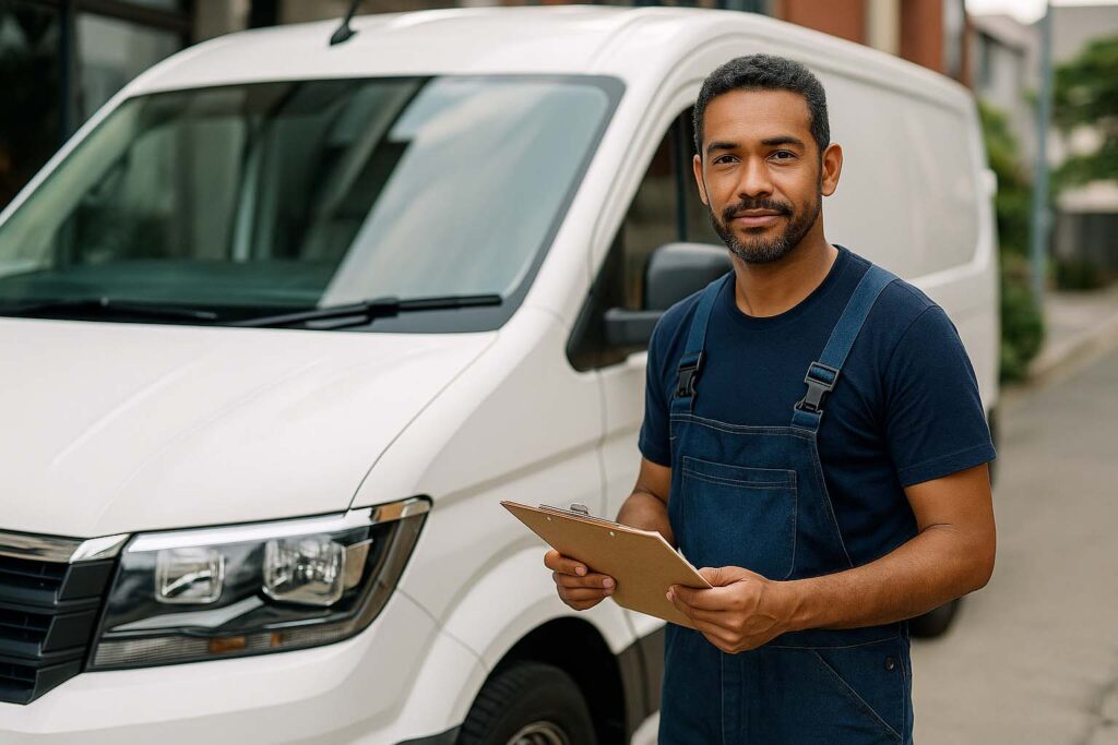 Artisan réunionnais devant son utilitaire professionnel tenant un clipboard