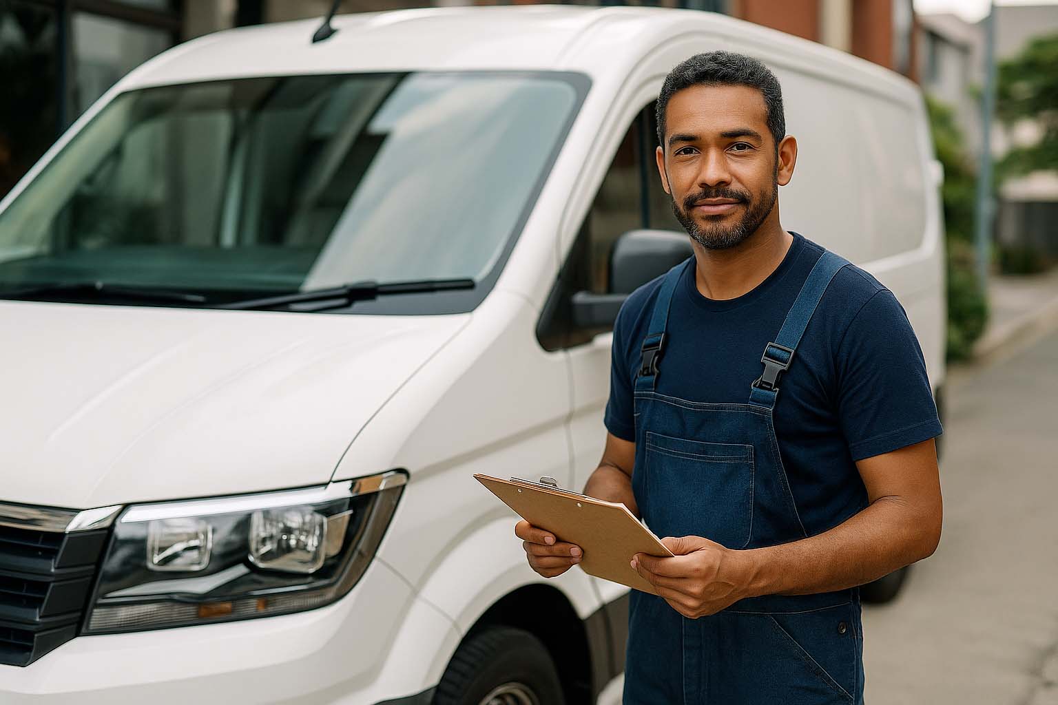 Artisan réunionnais devant son utilitaire professionnel tenant un clipboard