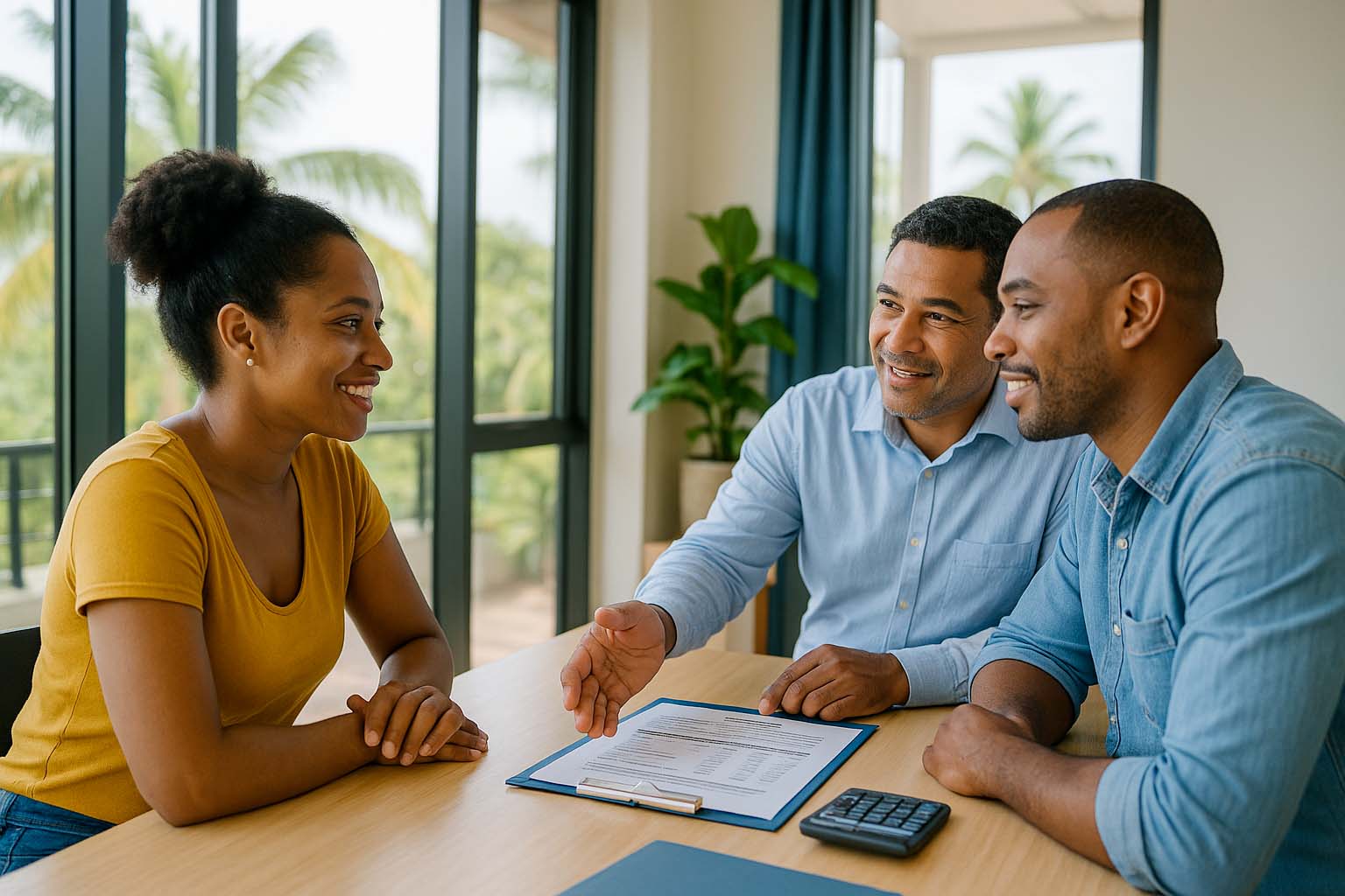 Courtier en crédit accompagne un couple réunionnais dans un bureau tropical moderne