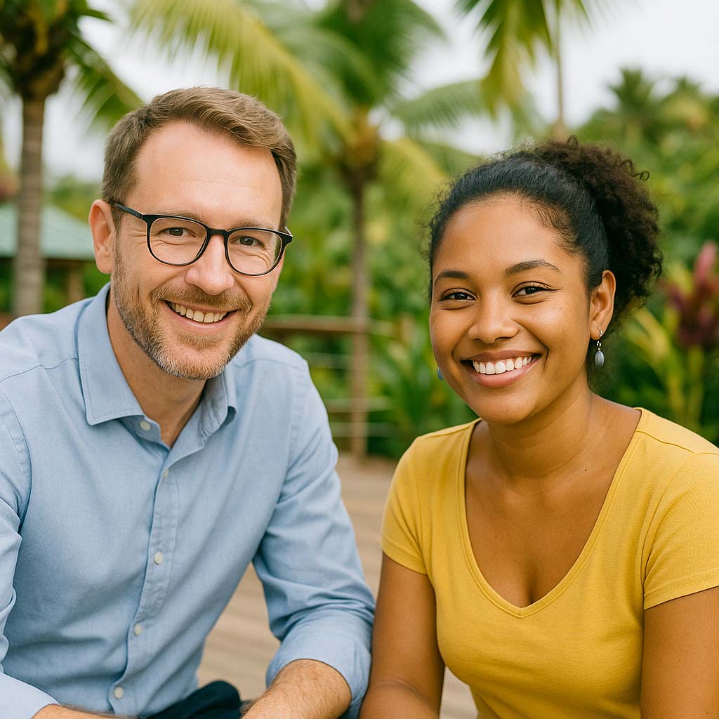 Couple réunionnais souriant accompagné par un courtier local dans un cadre tropical
