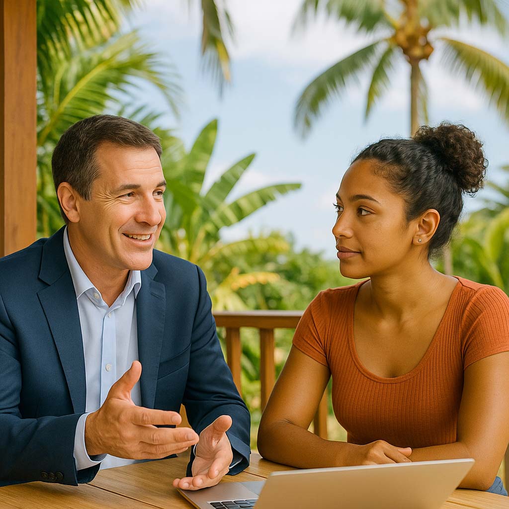 Conseiller réunionnais en rendez-vous avec une cliente sur une terrasse tropicale