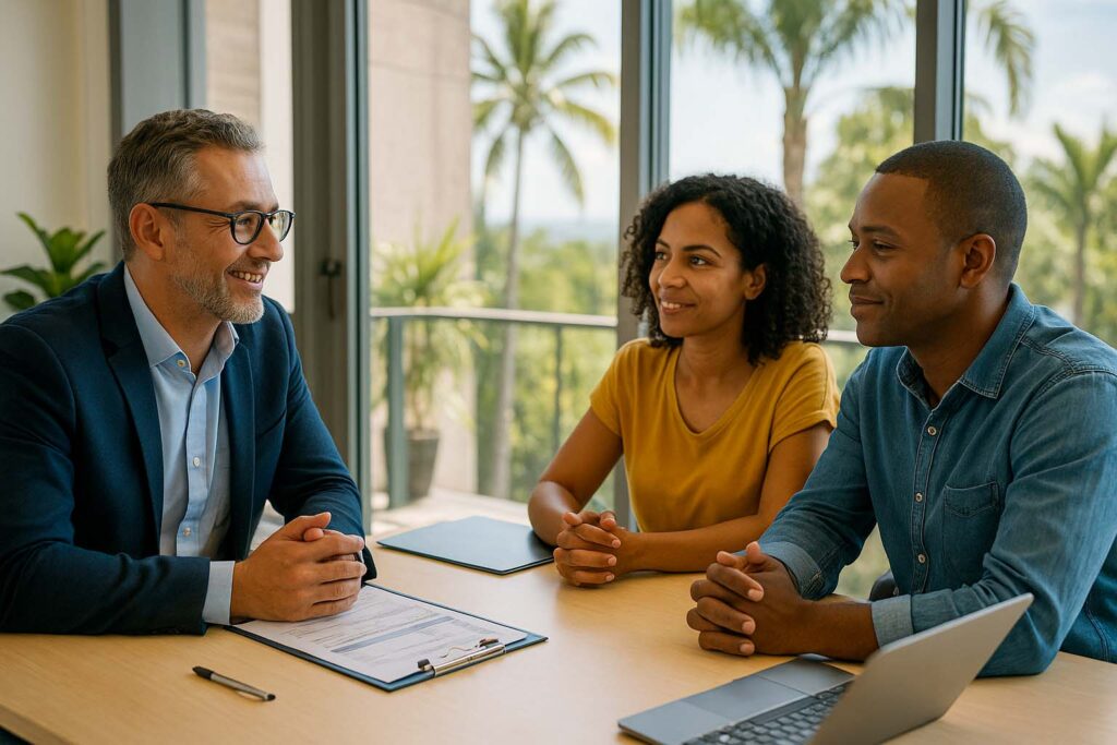 Rencontre entre un entrepreneur réunionnais et un courtier dans un bureau tropical lumineux