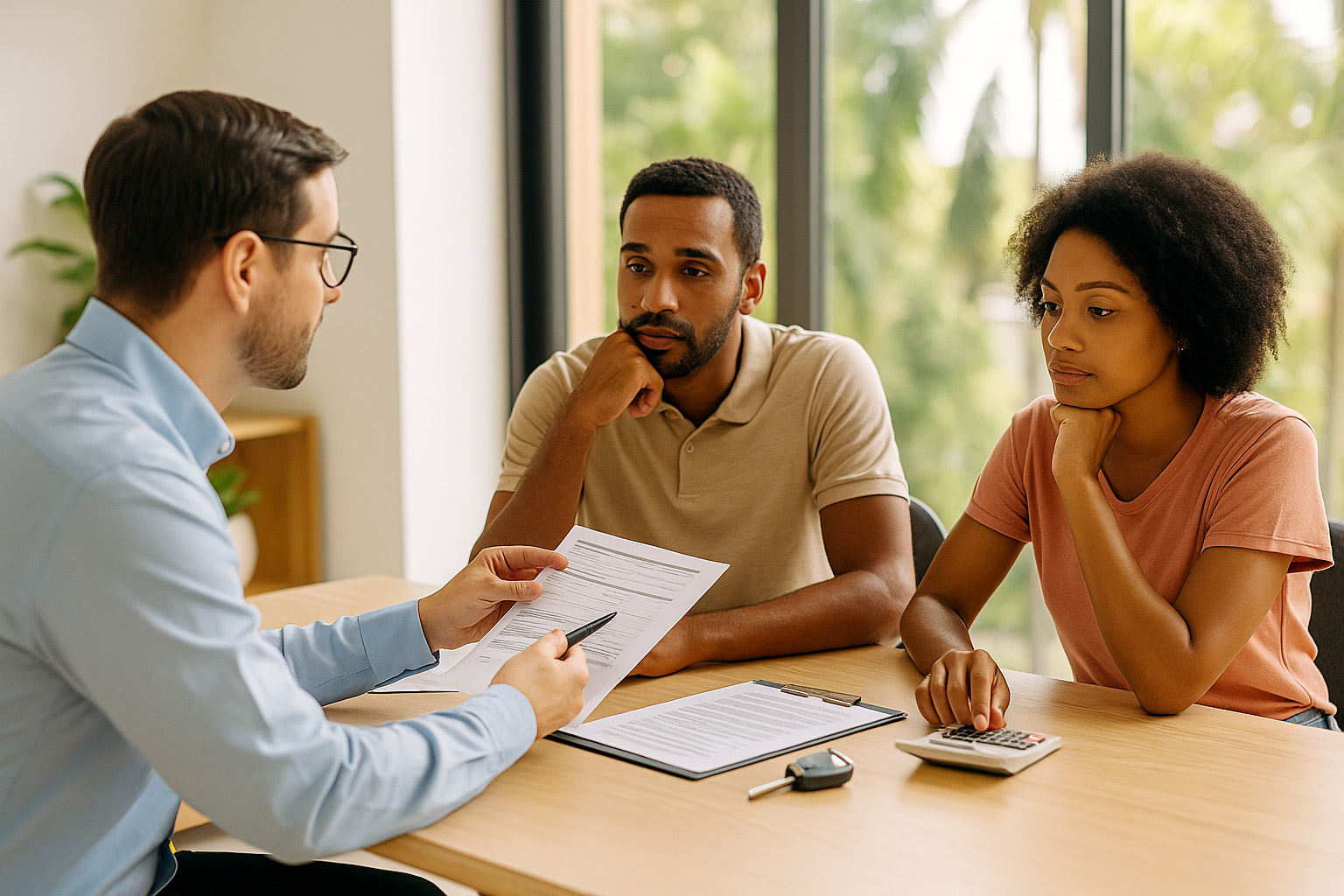 Un couple réunionnais échange avec un courtier dans un bureau moderne pour un prêt personnel