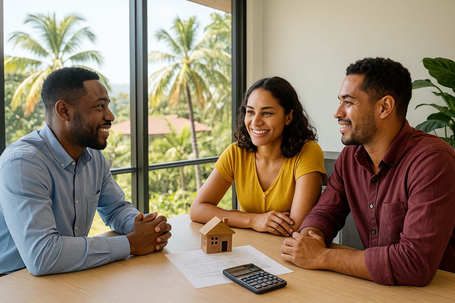 Un couple réunionnais discute avec un courtier immobilier dans un bureau lumineux avec vue tropicale