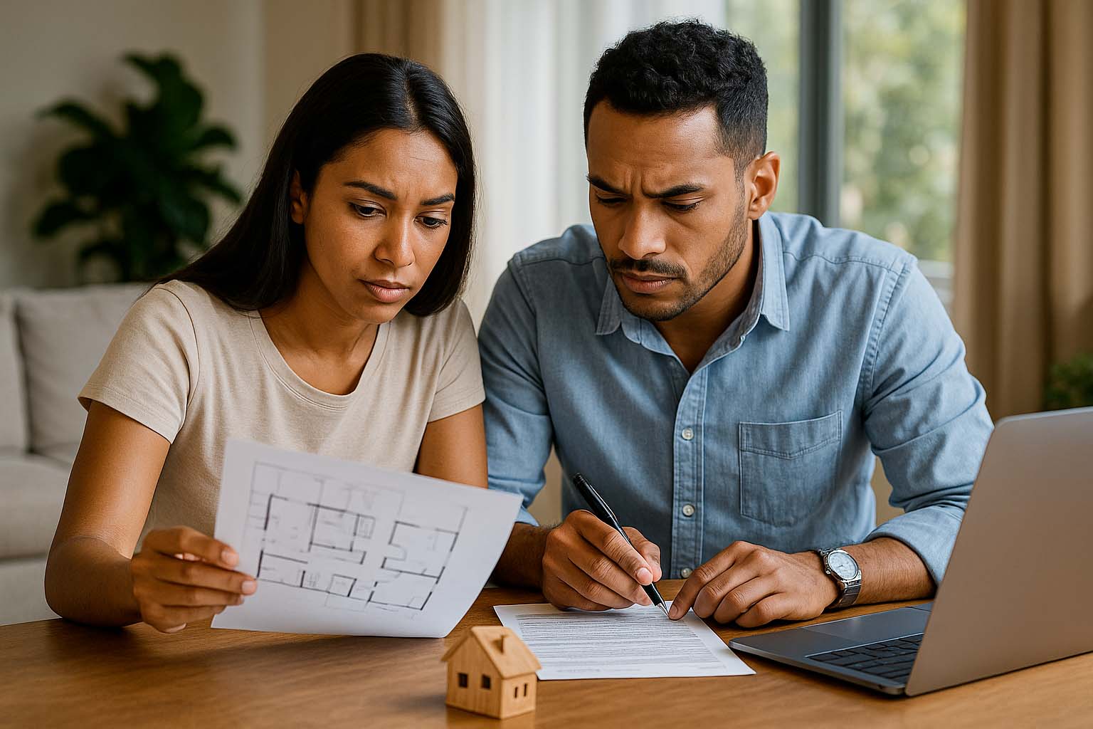 Couple réunionnais consultant des plans de rénovation à domicile