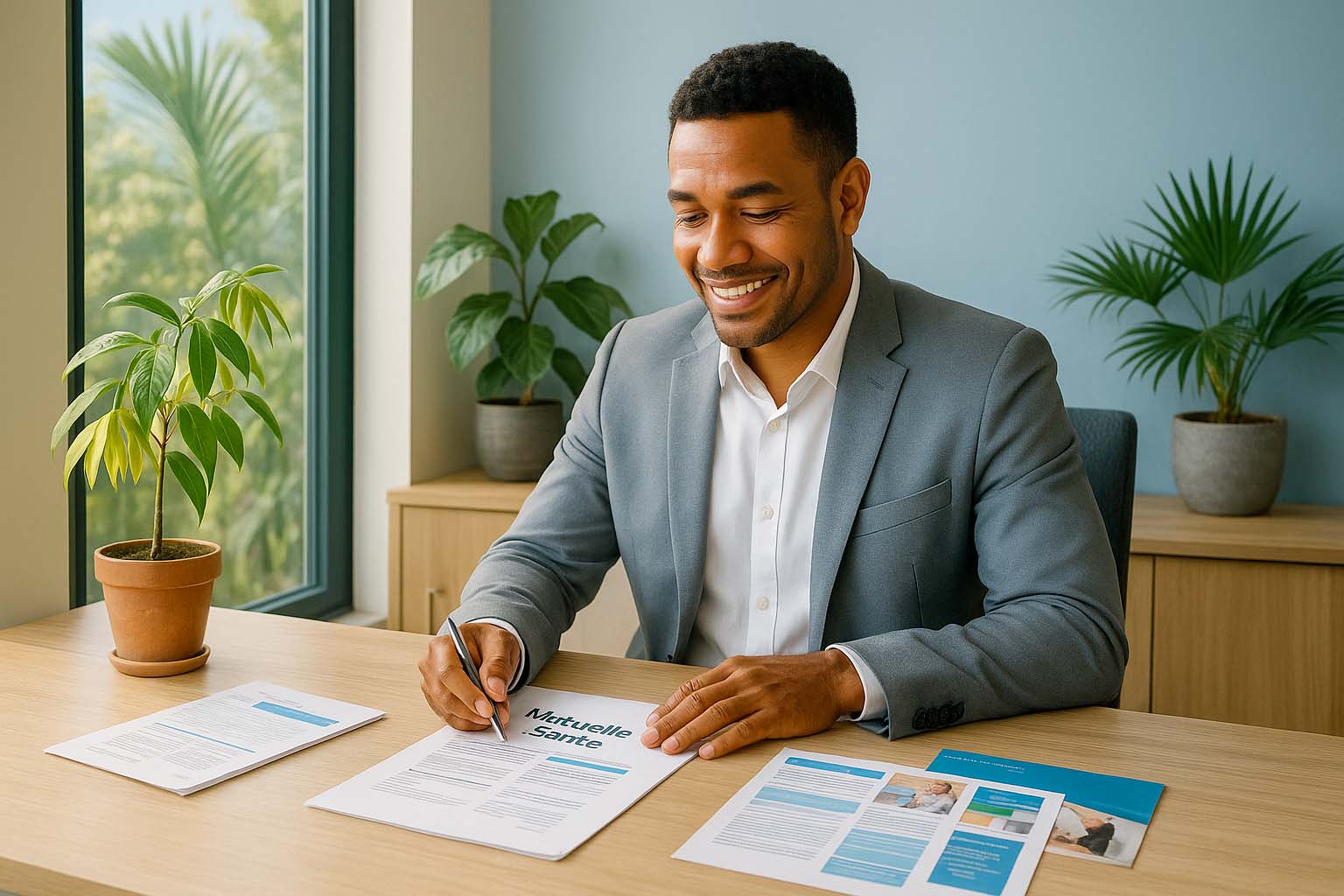Homme réunionnais souriant en costume analysant des devis de mutuelle santé dans un bureau lumineux