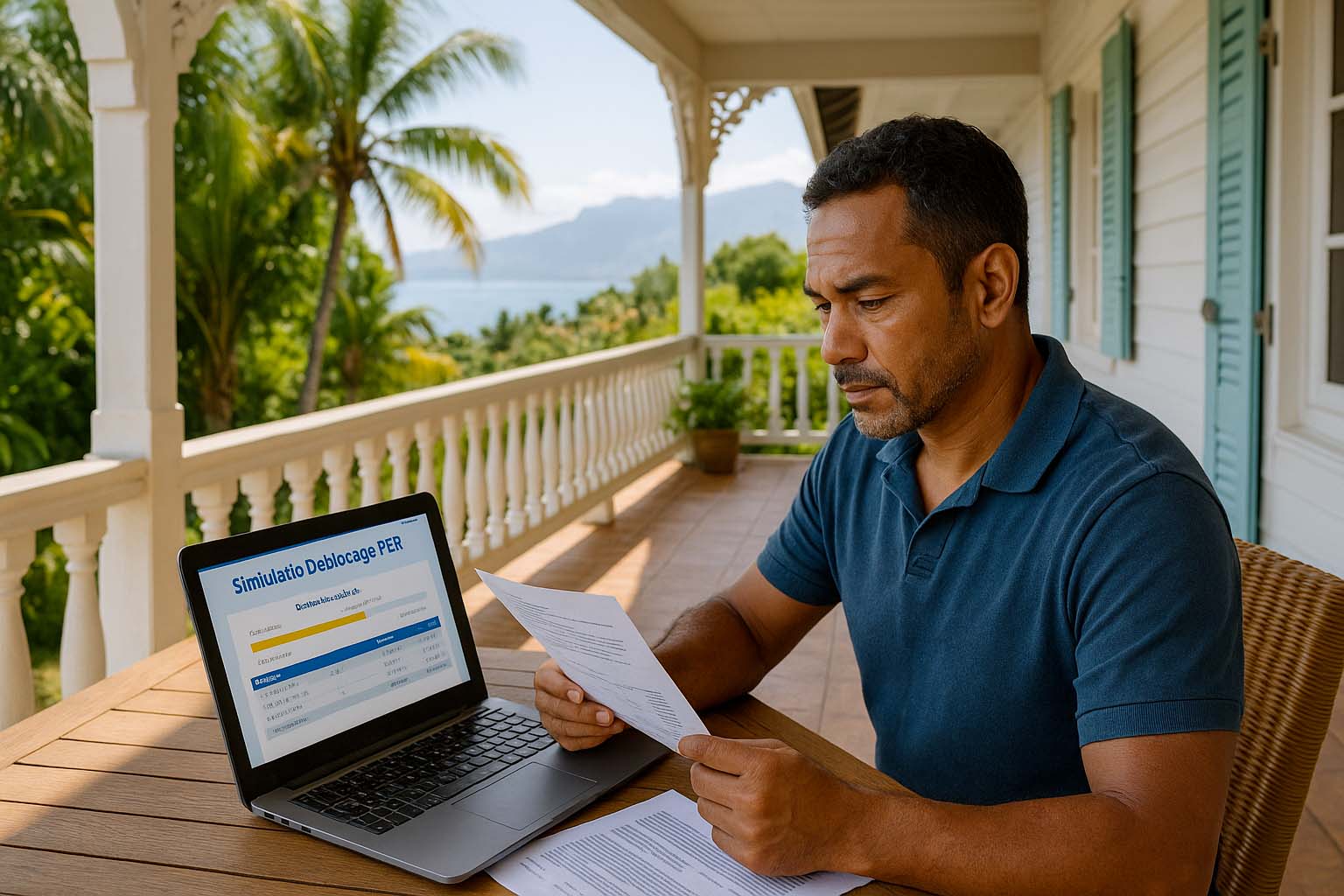 Homme réunionnais consultant une simulation de déblocage PER sur une terrasse tropicale