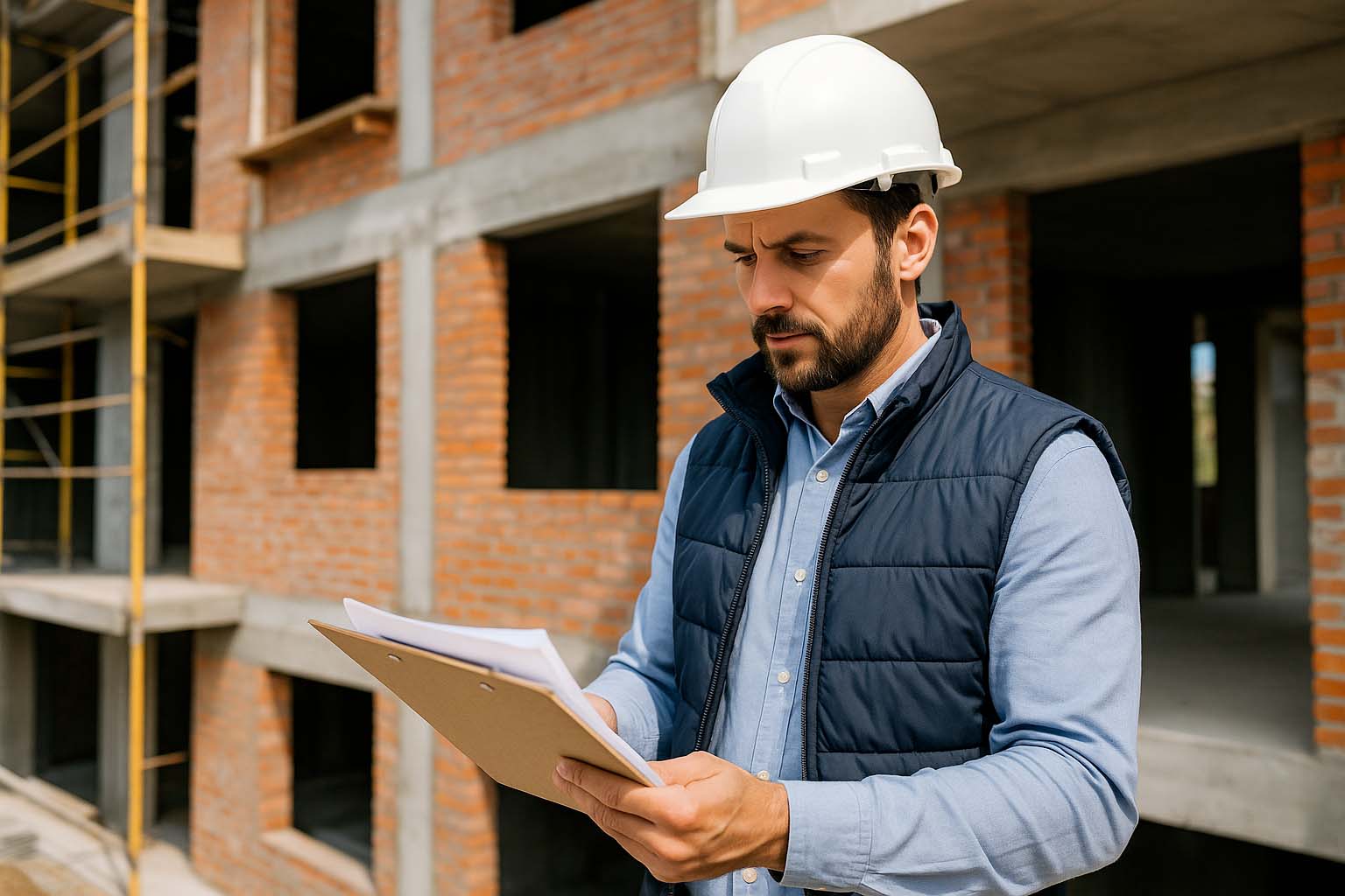 Professionnel du bâtiment réunionnais inspectant un chantier avec un dossier en main