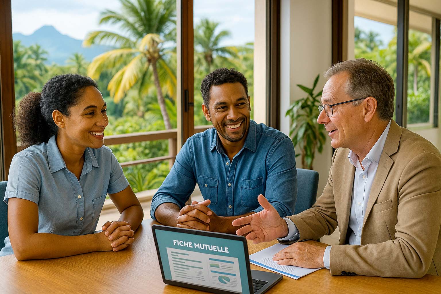 Employés réunionnais en discussion avec leur employeur au sujet d’une mutuelle d’entreprise dans un bureau tropical