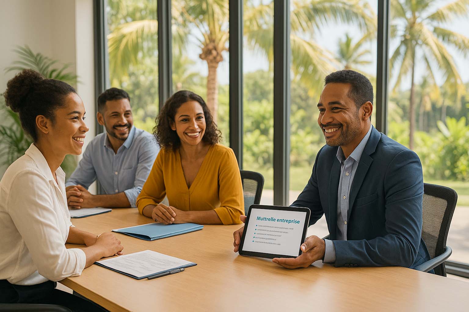 Réunion d’équipe dans une entreprise réunionnaise autour d’un courtier présentant une mutuelle collective