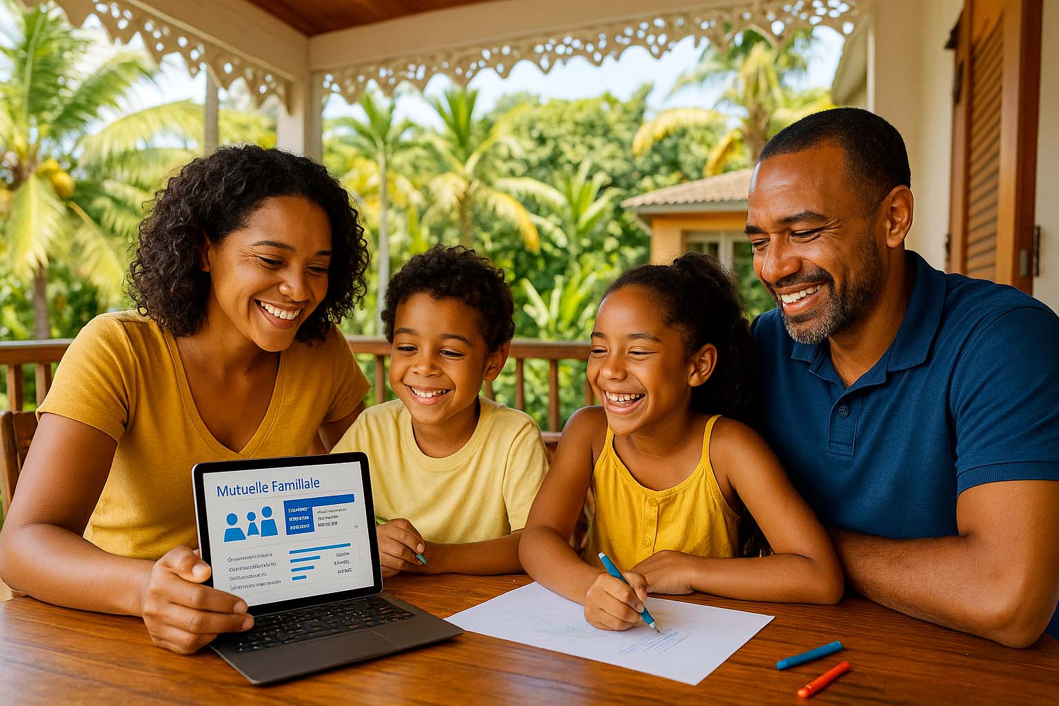 Famille réunionnaise souriante consultant une mutuelle familiale sur tablette depuis la varangue d’une maison tropicale
