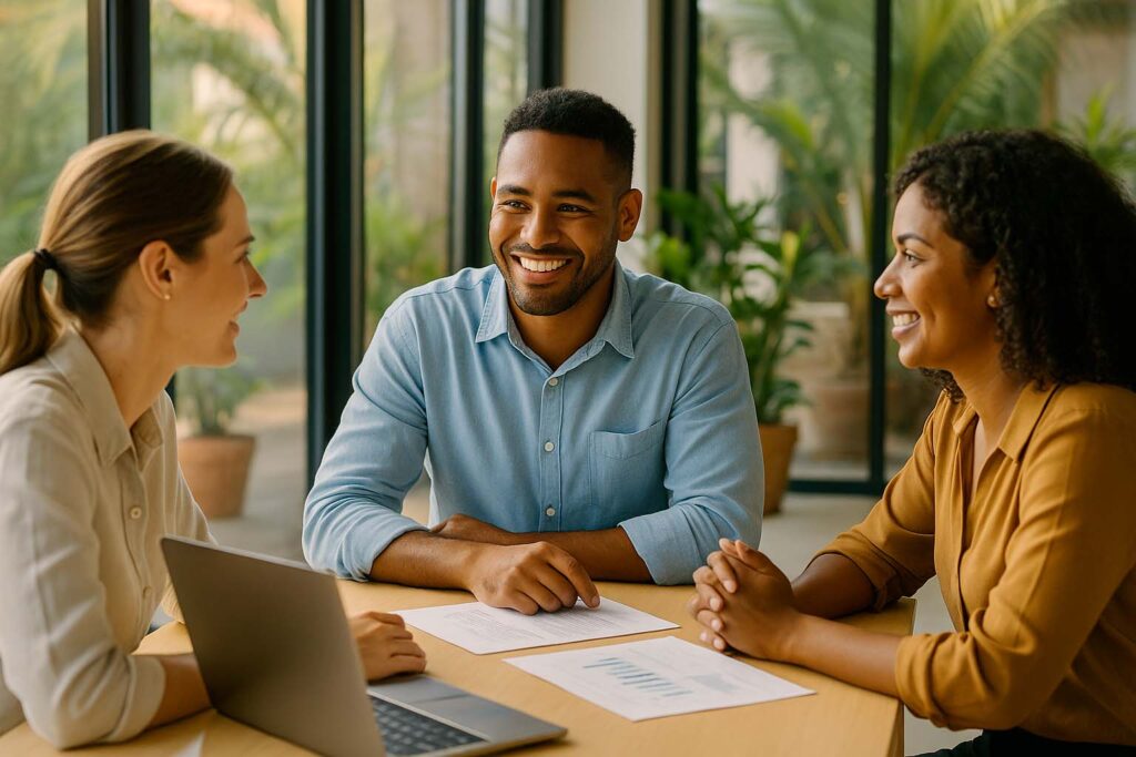 Discussion entre collègues réunionnais dans une TPE, sur fond tropical, autour d’une mutuelle d’entreprise