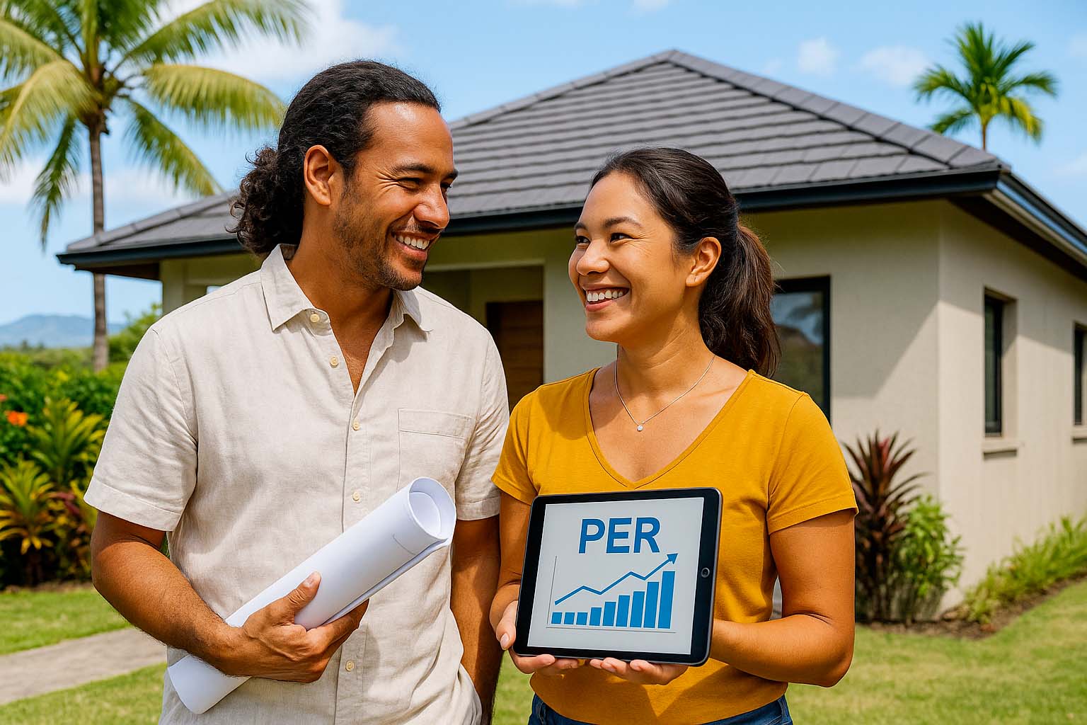 Couple réunionnais heureux devant leur maison financée grâce à un PER