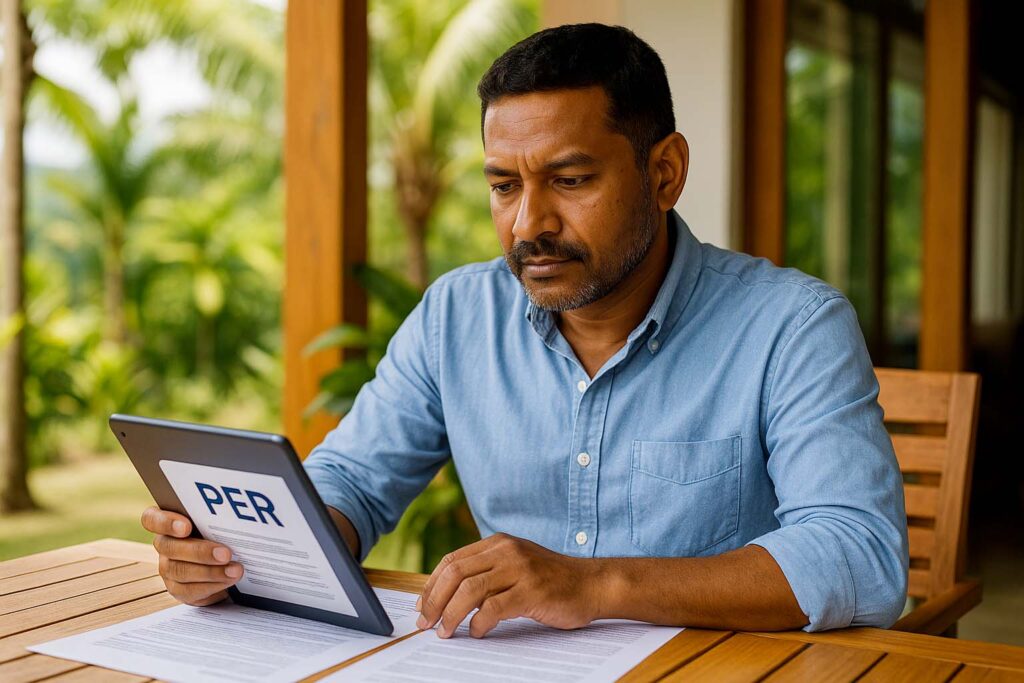 Homme créole consultant un contrat de PER à La Réunion sur une terrasse lumineuse