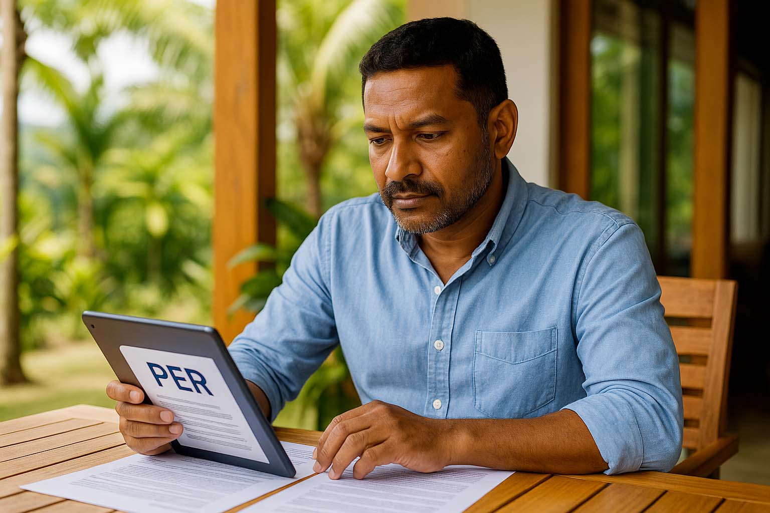 Homme créole consultant un contrat de PER à La Réunion sur une terrasse lumineuse