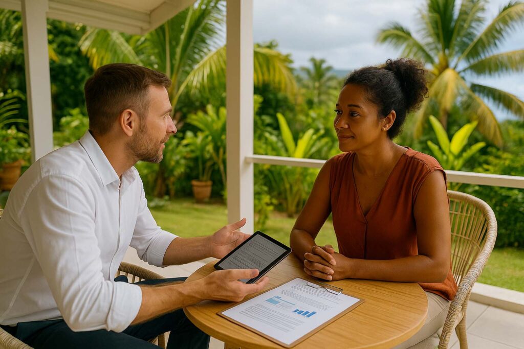 Conseiller financier réunionnais expliquant un PER à une femme sur une terrasse tropicale