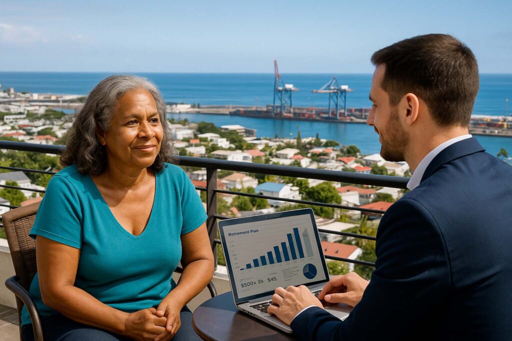 Une réunionnaise échange avec un conseiller financier sur une terrasse à Le Port