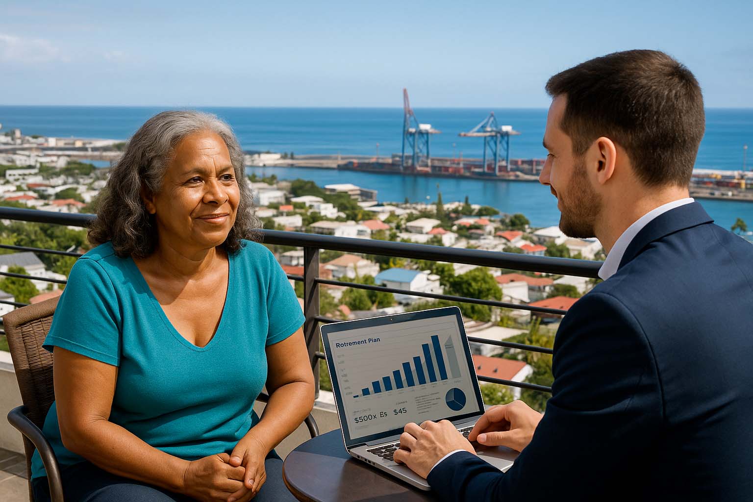 Une réunionnaise échange avec un conseiller financier sur une terrasse à Le Port