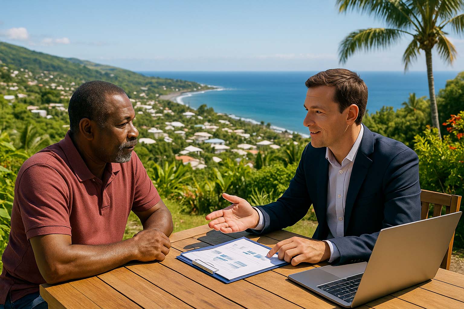 Courtier et client en entretien pour un plan épargne retraite à Saint-Joseph, île de La Réunion