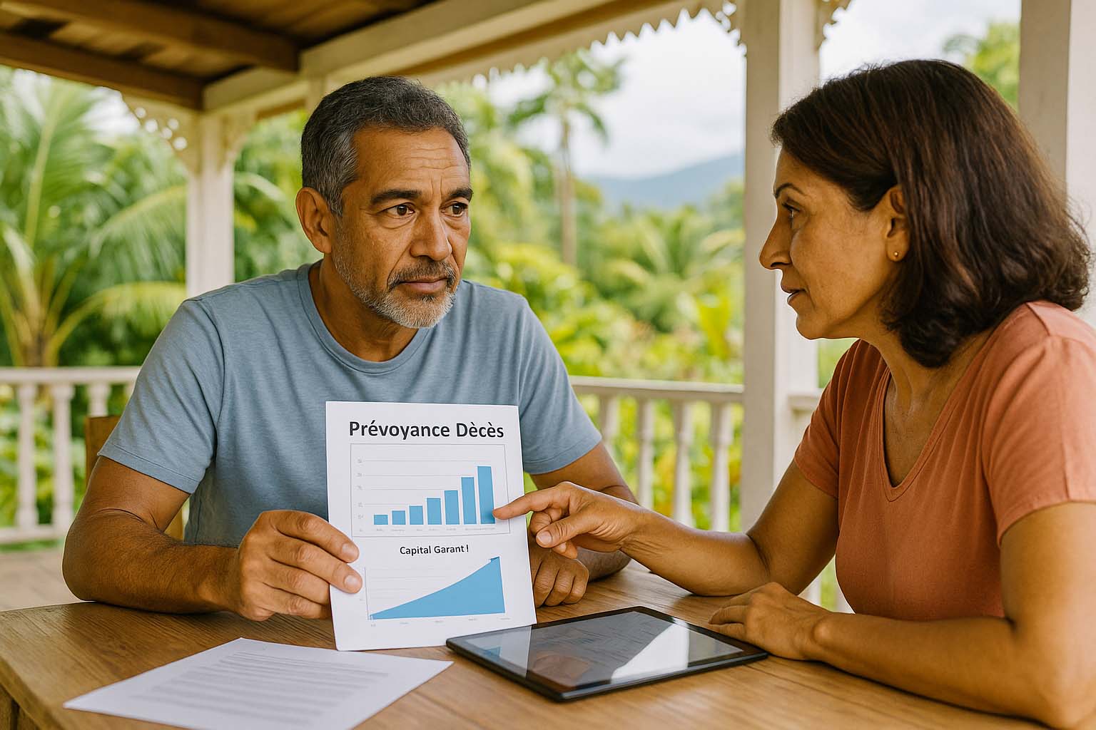 Couple réunionnais consultant une solution de prévoyance décès sur tablette dans un cadre tropical