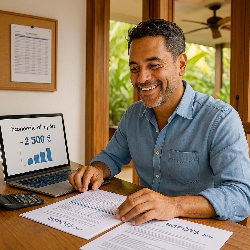 Entrepreneur réunionnais consultant une simulation d’économie d’impôt liée à un contrat de prévoyance dans son bureau tropical