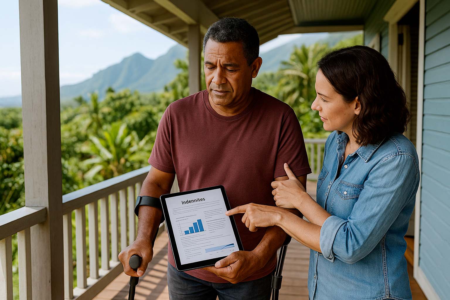 Homme réunionnais en béquilles consultant une tablette sur une varangue tropicale à La Réunion