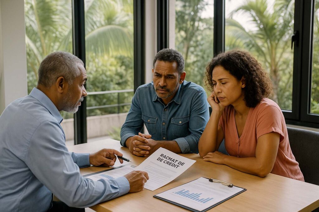 Couple réunionnais échange avec un courtier dans un cadre apaisant pour un rachat de crédits