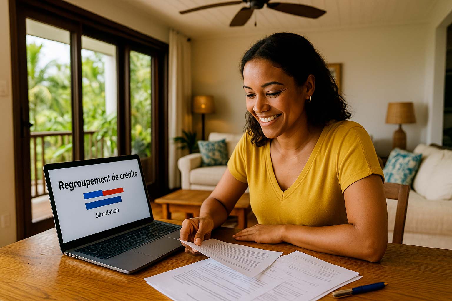 Femme réunionnaise souriante consultant une simulation de regroupement de crédits sur son ordinateur portable dans un salon tropical